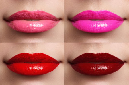 Beautiful lips collection color wine, fuchsia, pink, red. Beautiful make-up closeup. Sensual open mouth. Lipstick and lipglossの写真素材