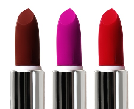 Set of color lipsticks. Red lipstick, pink lipstick, and wine lipstickの写真素材
