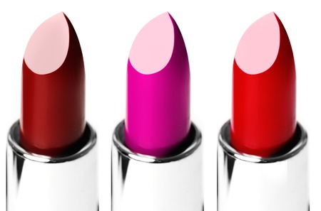 Set of color lipsticks. Red lipstick, pink lipstick, and wine lipstickの写真素材