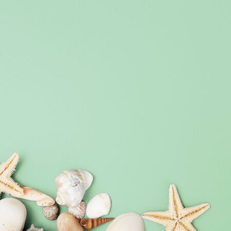 Flat lay. Top view. Frame of shells of various kinds on a green blue background. Seashells and starfish on a pastel background. Vacation conceptの写真素材