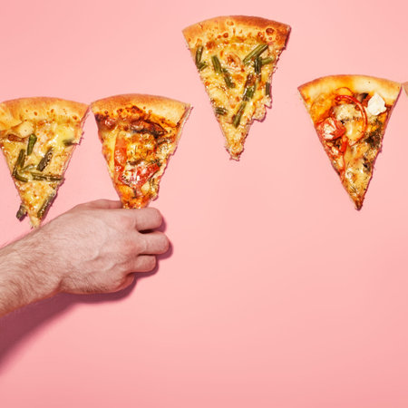 Flat lay. Top view. Man picking tasty slice