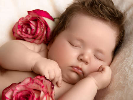 Sleeping newborn baby. Healthy child, concept of hospital and happy motherhood. Infant baby. Healthy and medical concept. Happy pregnancy and childbirth. Childrens theme. Baby and childens goodsの写真素材