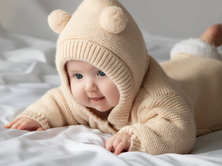 Just beautiful. Cute smiling baby. Cute 3 month old Baby girl infant on a bed on her belly with head...
