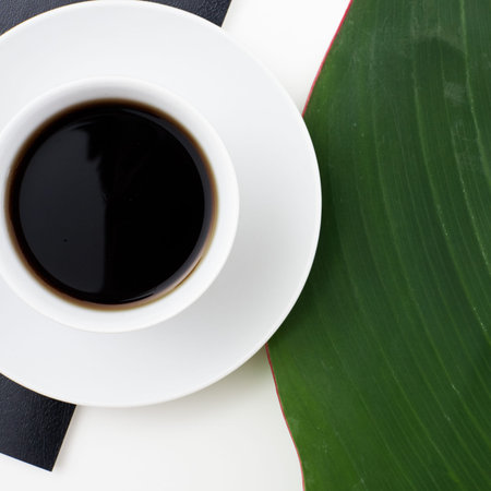 Flat lay. Top view. A cup of coffee, fresh leaf and a notebook