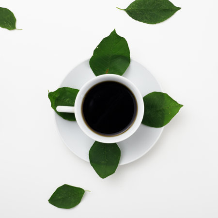 Top view of coffee on white background with fresh leavesの写真素材