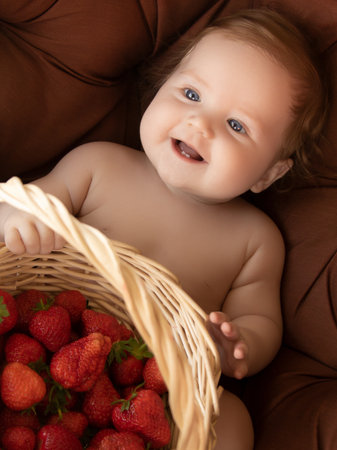 A beautiful little 6 months girl with a basket of strawberries. A healthy smiling child. Happy Motherhood. Happy babyの写真素材