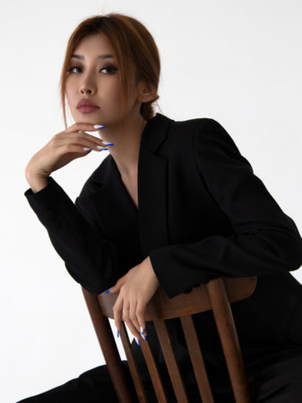 High fashion portrait of young elegant woman in black suit. Studio shot. Fashion and beauty concept.の写真素材