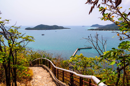 Staircase with sea backgroundの写真素材