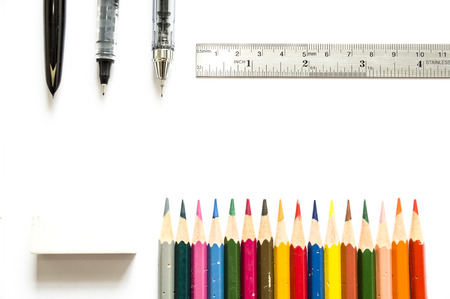 Stationery set and color pencil on white background.の写真素材