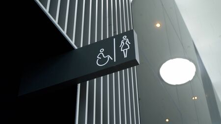 SAINT-PETERSBURG, RUSSIA - MARCH 10, 2019: Toilet, Bathroom Washroom WC sign in public placeのeditorial素材