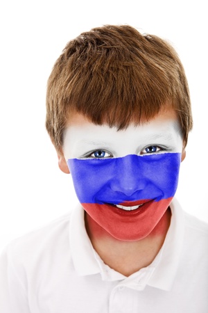 Young boy with russia flag painted on his faceの写真素材