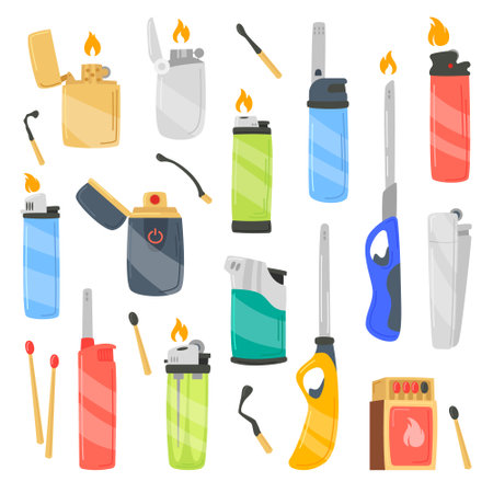 Lighters flat icons set. Incendiary devices. Burnt matches and electric lightener devicesのイラスト素材