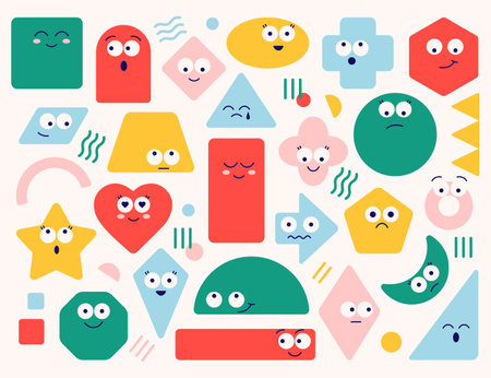 Geometric shapes flat icons set. Different variations of cartoon abstract figuresのイラスト素材