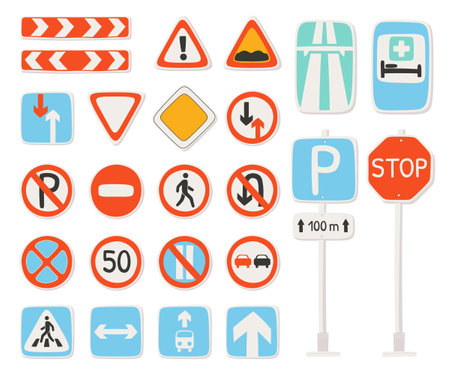 Road signs flat icons set. Traffic symbols. Information on way about danger, direction, roadworks. Limited speed signのイラスト素材