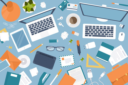 Workplace flat icons set. Devices for productive work at office. Pencil, parcel, frame, notebook,...