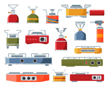 Gas and electric camp burner flat icons set. Backpacking and camping stoves and grills. Portable burners and cookersのイラスト素材