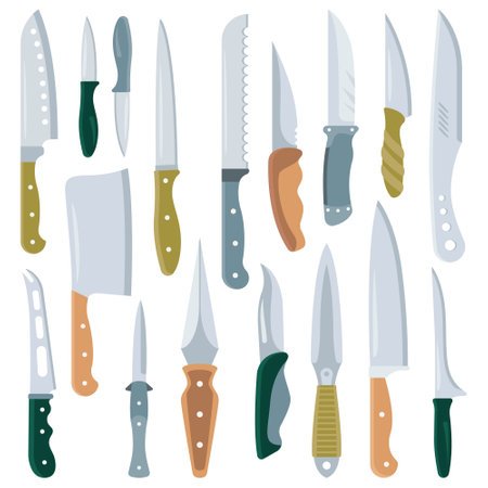 Knives flat icons set. Kitchen utensil for cutting food. Chief tableware. Steel blade with plastic or wood handleのイラスト素材