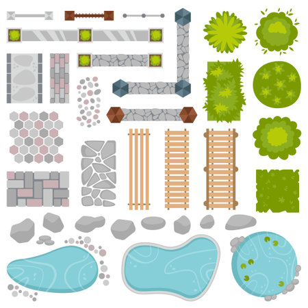 Architectural and landscape elements flat icons set. Outdoor decor element. Green fence, stones, wooden ladderのイラスト素材