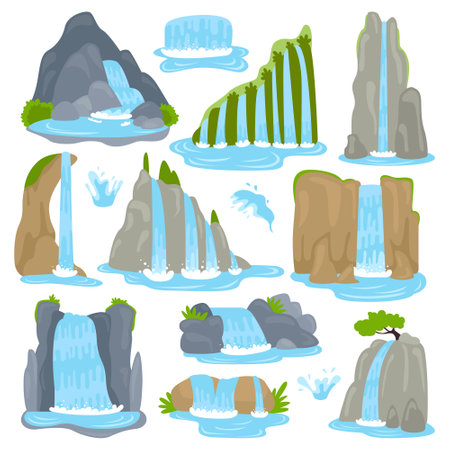 Waterfalls flat icons set. Ecosystem. Moving or sloping water move from rocks. Beautiful tropical landscapeのイラスト素材