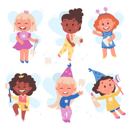 Tooth fairies flat icons sat. Magic character. Cute cartoon kids with magic wings looking for teeth. Mouth hygieneのイラスト素材