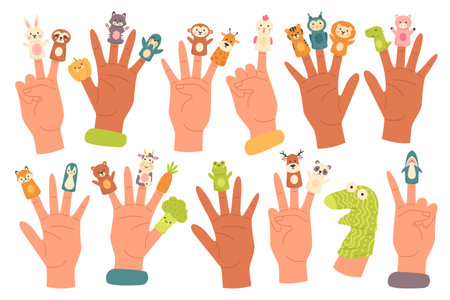 Puppets on fingers flat icons set. Cute tiger, owl, lion, shark and chicken toys controlled by fingersのイラスト素材