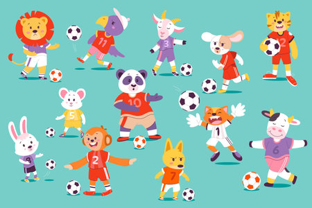 Funny Cartoon Animal Football Players. Sport Soccer Game Wildlife Charactersのイラスト素材