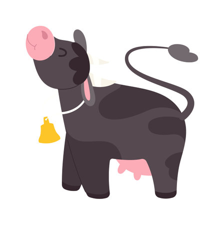 Cute black cow with bell flat icon Domestic animalのイラスト素材