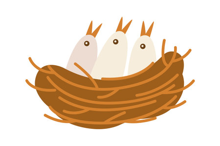 Bird nest of small twigs with three chicks inside flat iconのイラスト素材