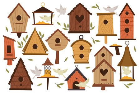 Birdhouses flat icons set. Small wooden house for birds. Vintage feeder for doves. Winter shelterのイラスト素材
