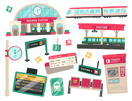 Railway stations flat icons set. Building and platforms for trains stop. Special signboard, sign with arrows, ticketのイラスト素材