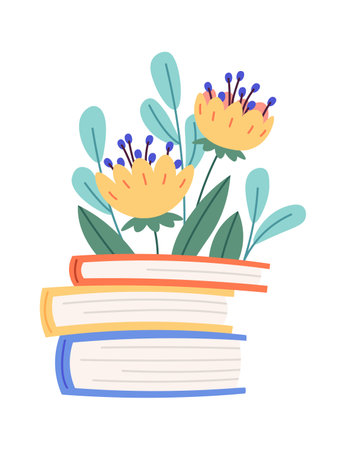 Books with flowers flat icon Floral decor Wildflowers bouquetのイラスト素材