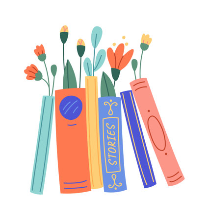 Books with flowers flat icon Floral decor Wildflowers bouquetのイラスト素材