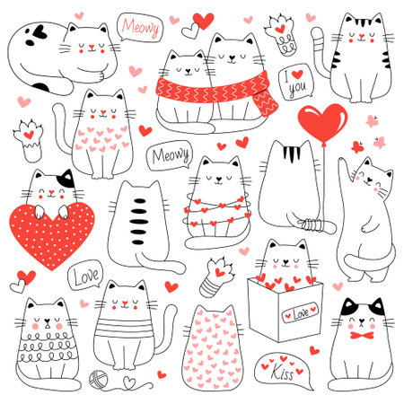 Cats and hearts in line art icons. Cute cartoon contemporary drawings. Funny pet in scarf, sweater. Love messagesのイラスト素材