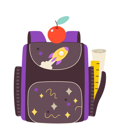 Colorful school bag with apple flat icon Backpack for childrenのイラスト素材
