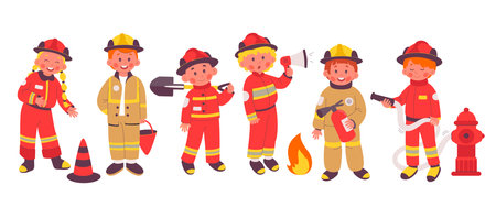 Children fireman profession flat icon. Firefighter gear and equipment. Special uniform, shovel, fire extinguisherのイラスト素材