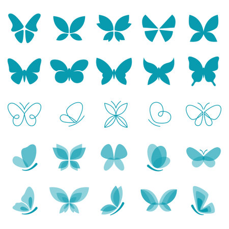 Butterflies flat icons set. Abstract hand drawn and contemporary line art insect design elementsのイラスト素材