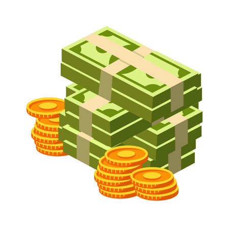 Huge pack money bundle and gold coins flat icon Economyのイラスト素材