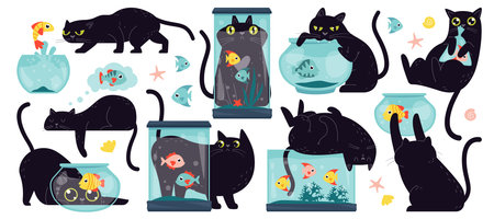 Cat play with aquarium flat icon. Interior decorative glass jar full of water, shell, starfish and flounder fishのイラスト素材