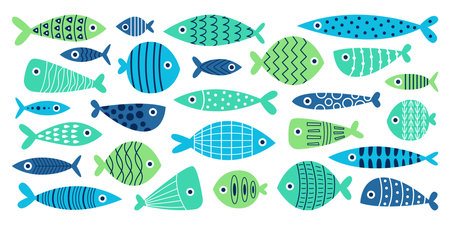 Hand drawn abstract fish with colorful pattern flat icons set. Ornaments on marine creatureのイラスト素材