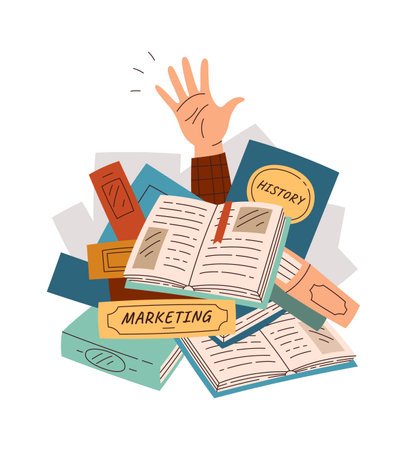 Hands in pile of different things flat icon Many booksのイラスト素材