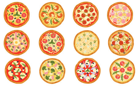 Italian pizza flat illustrations. Ingredients for creating tasty fast food. Margarita, double cheese and seafood pizzasのイラスト素材