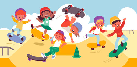 Children on skate flat illustrations set. Funny kids doing tricks on skateboard. Girls and boys riding on skateのイラスト素材