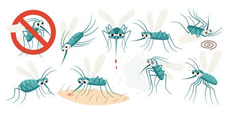 Mosquito characters flat illustrations set. Small flying insect, bites and sucks blood. Died bugのイラスト素材