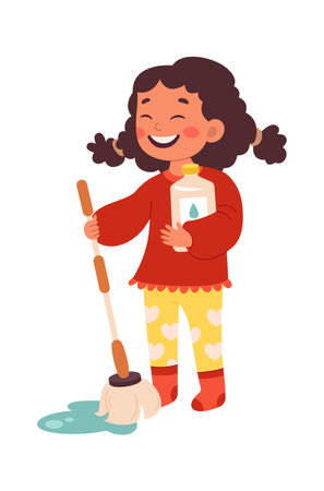 Children helper Girl mopping floorのイラスト素材