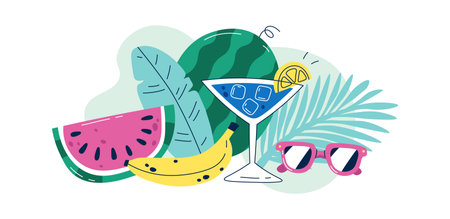 Summer composition Cocktail, banana and watermelonのイラスト素材