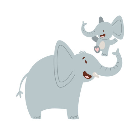 Playing wild baby elephant with fatherのイラスト素材