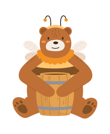 Bear With Wings Sitting And Holding Barrelのイラスト素材