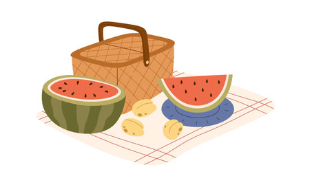 Watermelon And Apricot In Picnic Basketのイラスト素材
