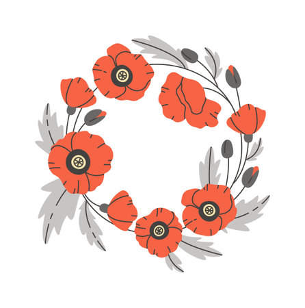 Poppies wildflowers wreathのイラスト素材
