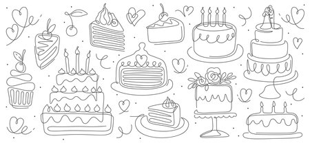 Birthday cakes in line art. Continuous arts of bakery, cupcake with cream and piece of pieのイラスト素材